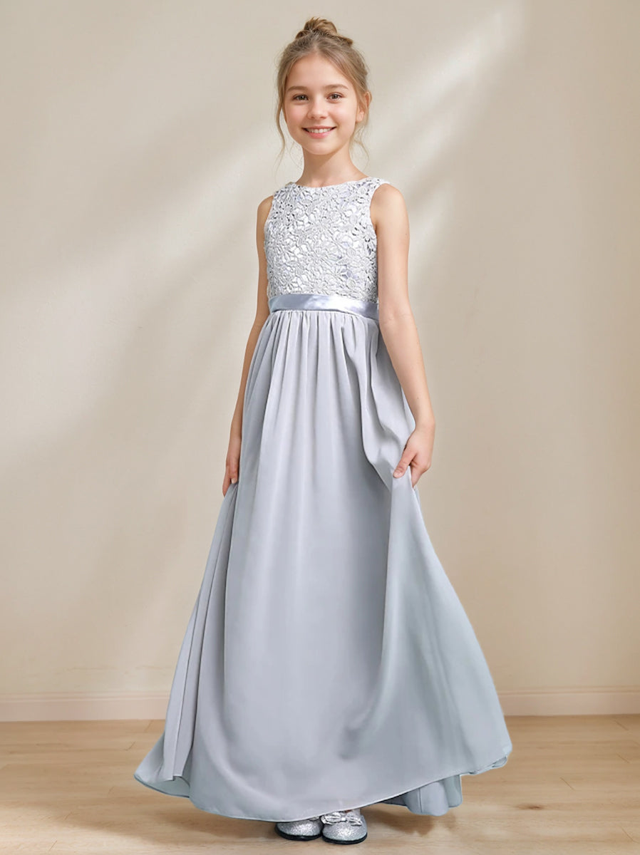 A-Line/Princess Scoop Neck Sleeveless Junior Girl Bridesmaid Dresses with Lace Appliques, Silver A-Line/Princess Scoop Neck Sleeveless Junior Girl Bridesmaid Dresses with Lace Appliques, Silver