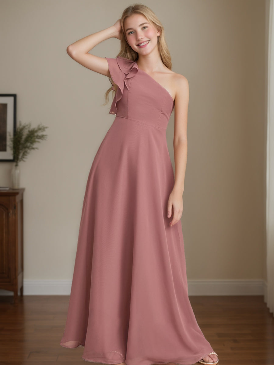 A-Line/Princess One-Shoulder Sleeveless Junior Bridesmaid Dresses with Ruffles, As Pic