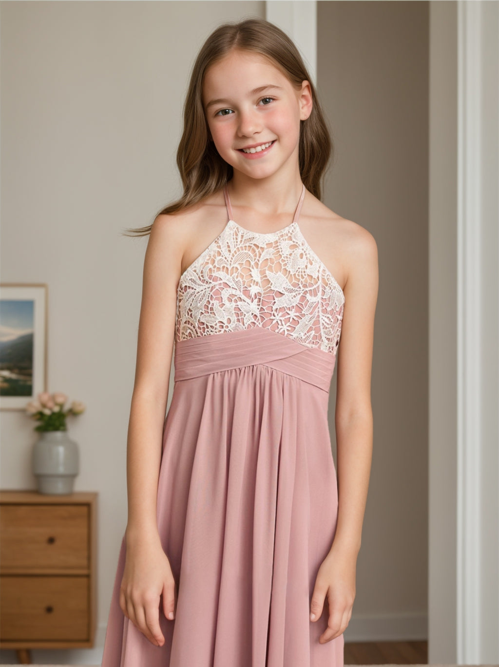 A-Line/Princess Halter Sleeveless Junior Bridesmaid Dresses with Lace