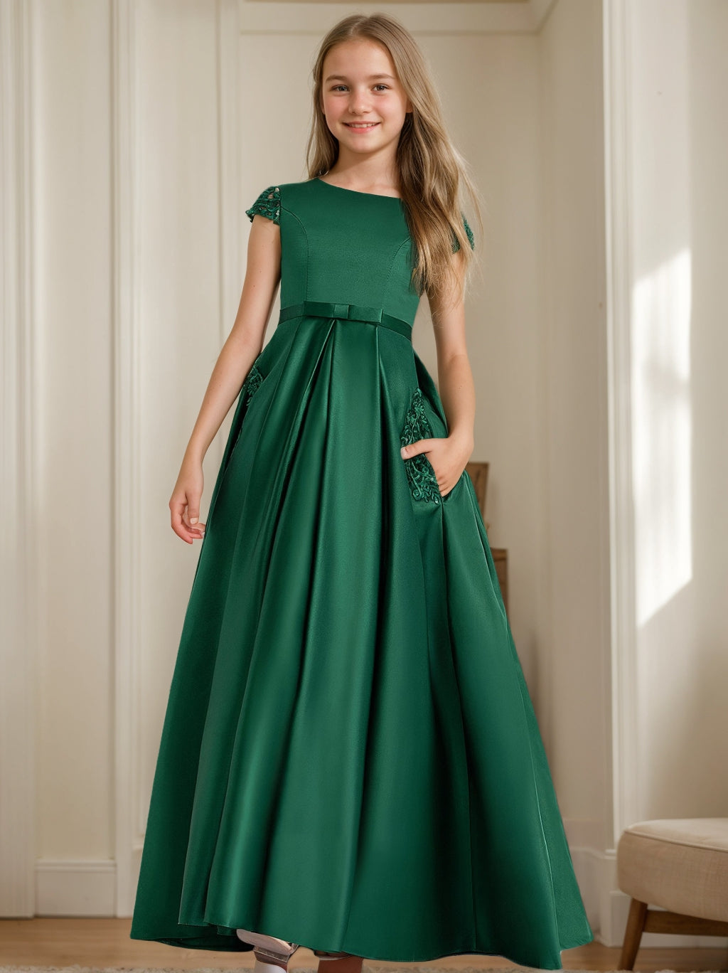 Junior Bridesmaid Satin Dresses A-Line/Princess Short Sleeves Lace Junior  Bridesmaid Dresses with Appliques, Dark Green