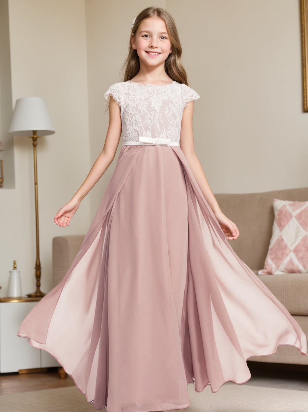 A-Line/Princess Short Sleeves Lace Junior Bridesmaid Dresses