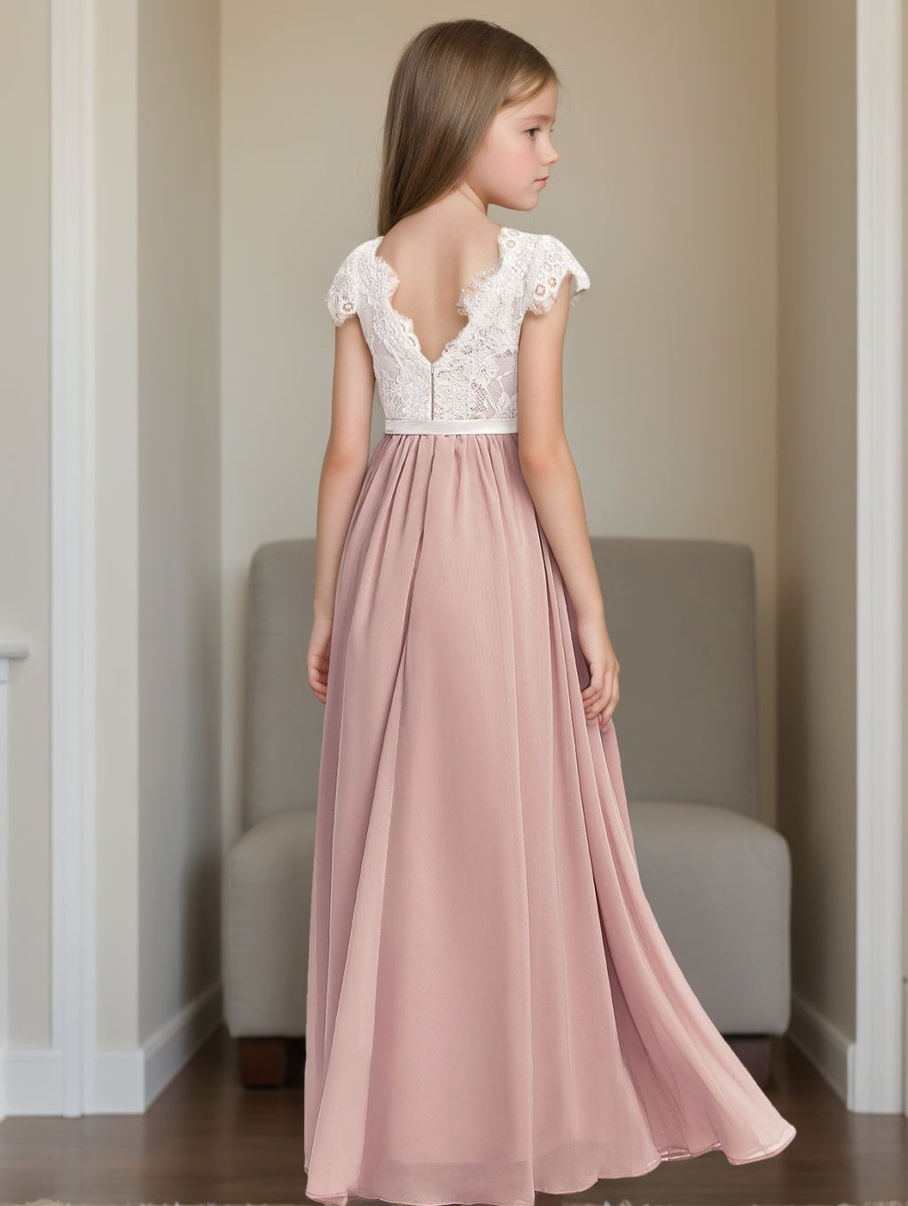 A-Line/Princess Short Sleeves Lace Junior Bridesmaid Dresses