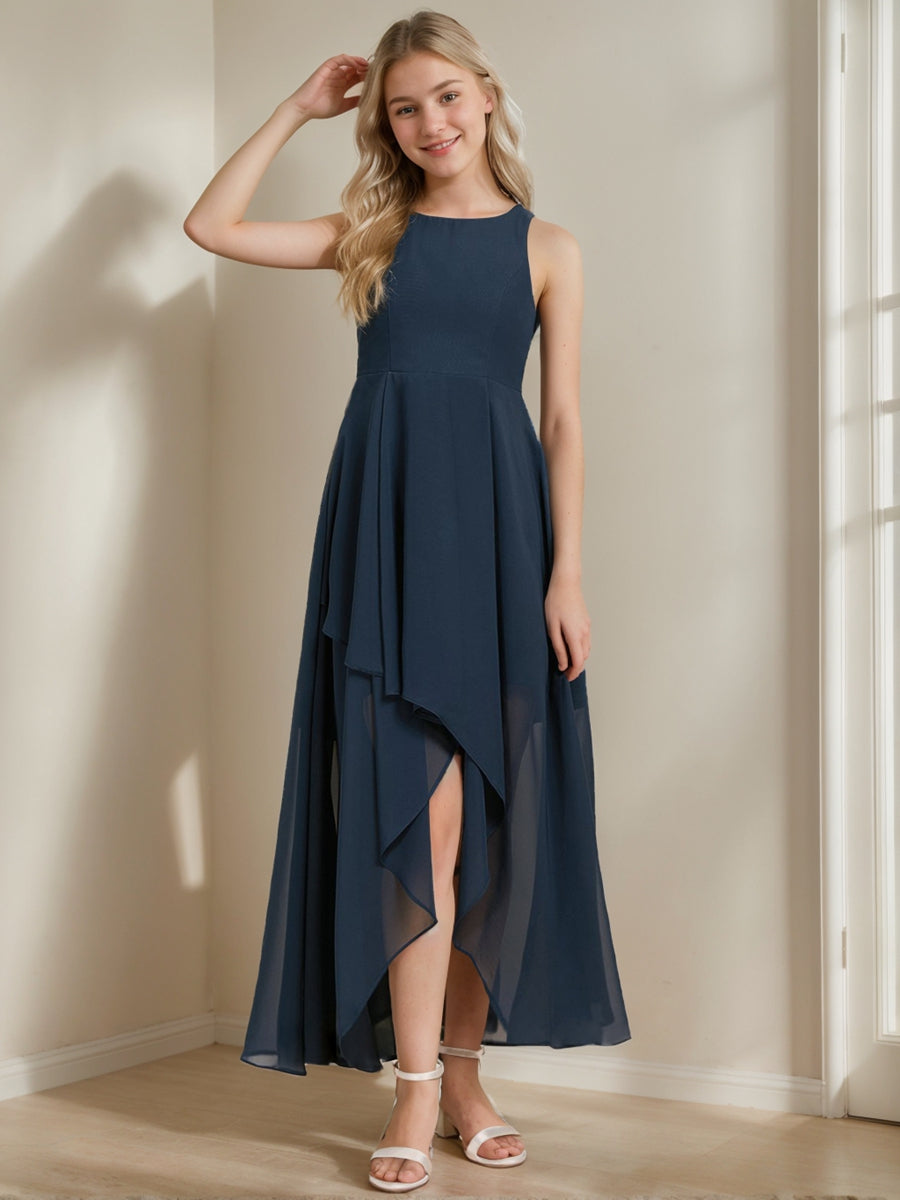 A-Line/Princess Sleeveless High Low Junior Bridesmaid Dresses, Dark Navy