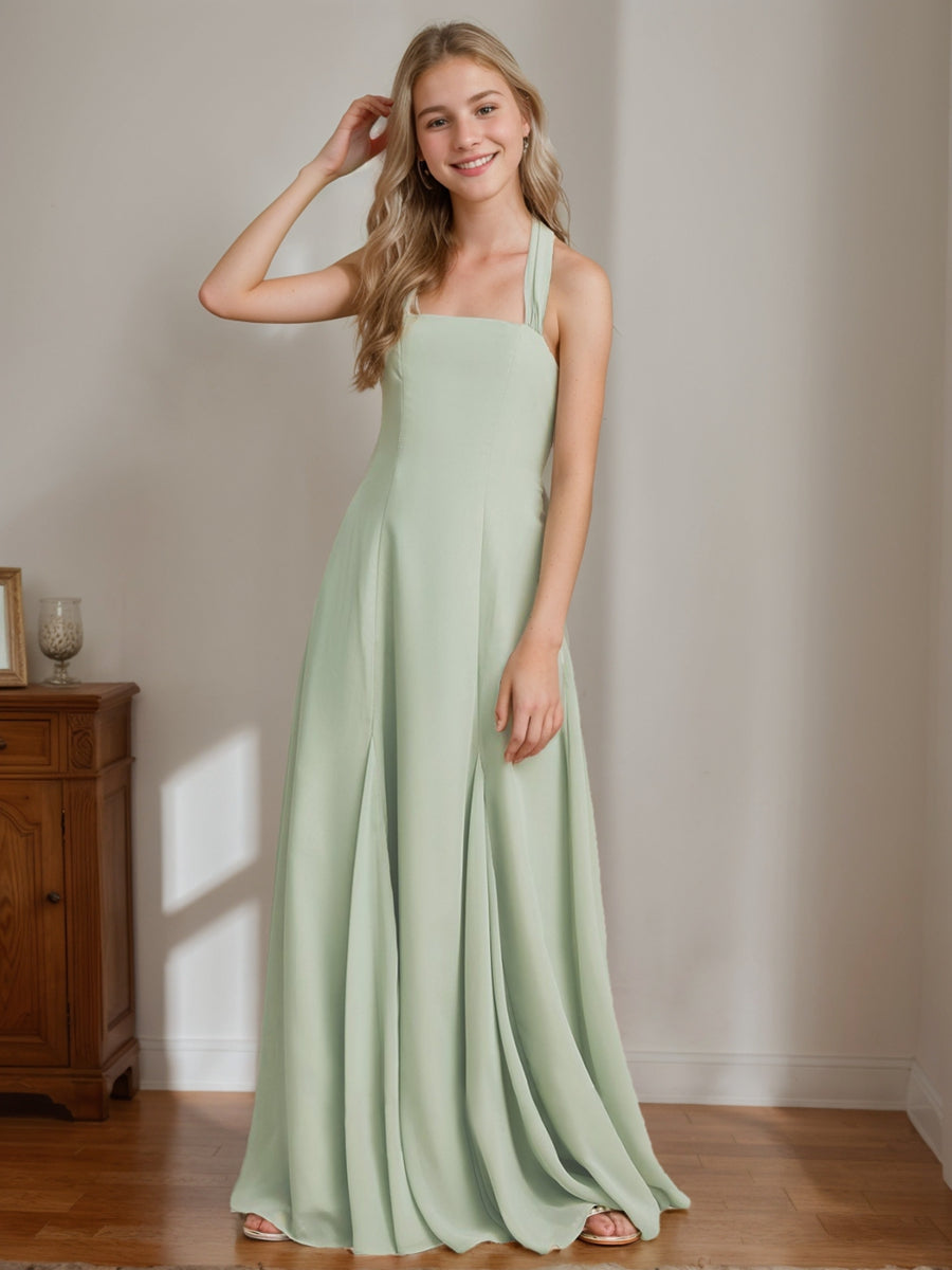 A-Line/Princess Halter Sleeveless Floor-Length Junior Bridesmaid Dress, Celadon