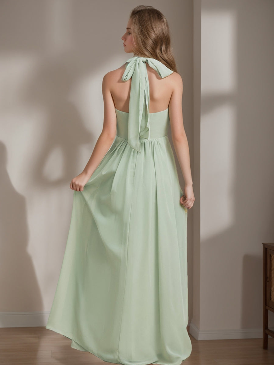 A-Line/Princess Halter Sleeveless Floor-Length Junior Bridesmaid Dress