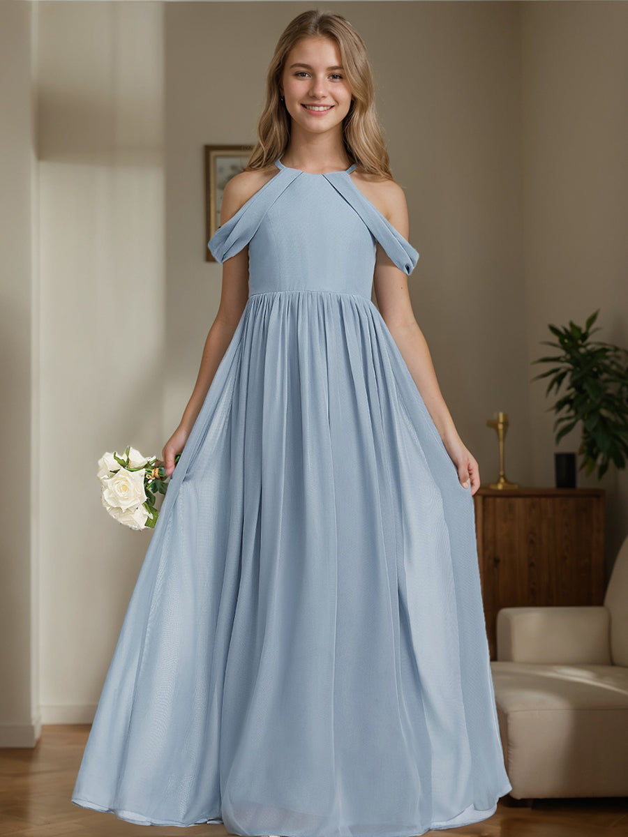 A-Line/Princess Off-the-Shoulder Sleeveless Junior Bridesmaid Dresses with Pleats, Dusty Blue A-Line/Princess Off-the-Shoulder Sleeveless Junior Bridesmaid Dresses with Pleats, Dusty Blue