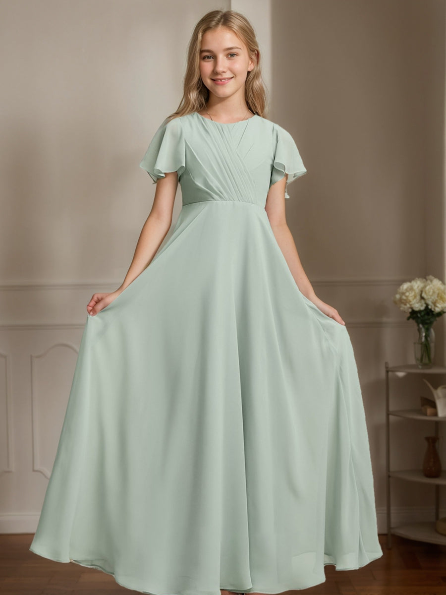 A-Line/Princess Short Sleeves Junior Bridesmaid Dresses with Pleats, As Pic A-Line/Princess Short Sleeves Junior Bridesmaid Dresses with Pleats, As Pic