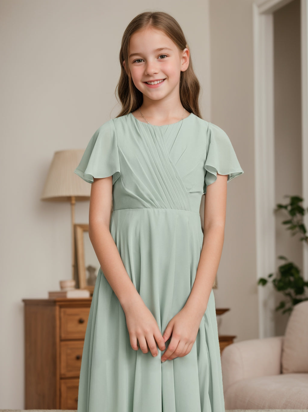 A-Line/Princess Short Sleeves Junior Bridesmaid Dresses with Pleats