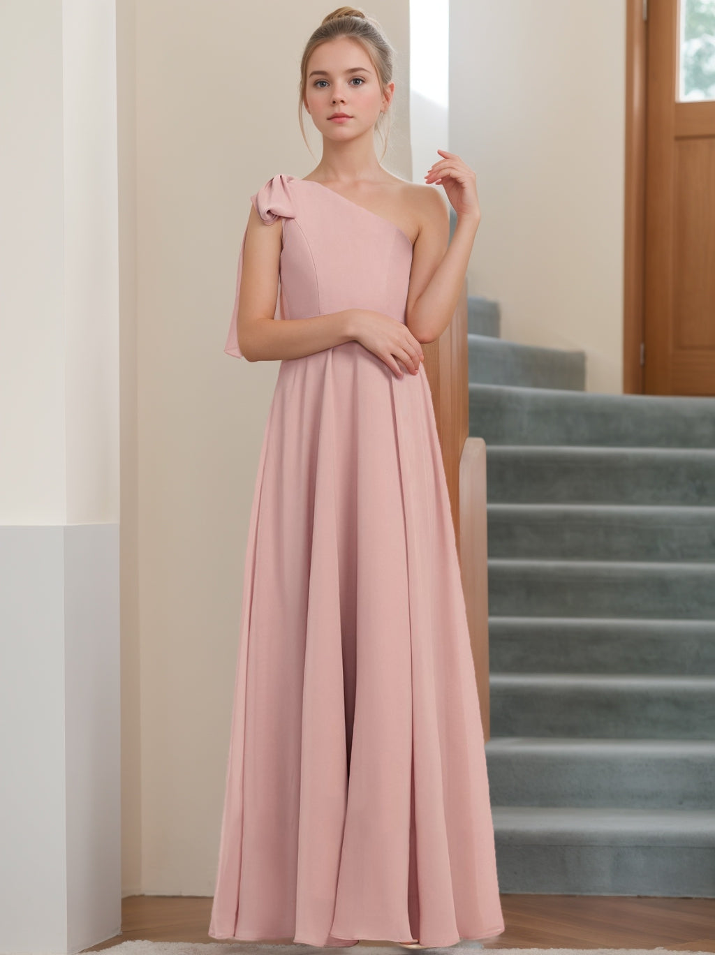 A-Line/Princess One-Shoulder Sleeveless Junior Bridesmaid Dresses with Bow, Dusty Rose