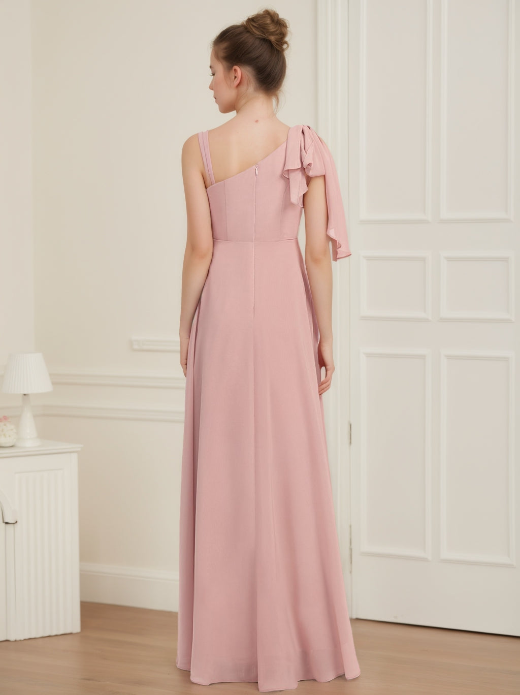 A-Line/Princess One-Shoulder Sleeveless Junior Bridesmaid Dresses with Bow