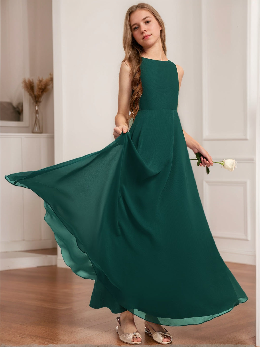 A-Line/Princess Round Neck Sleeveless Ankle-Length Junior Bridesmaid Dresses