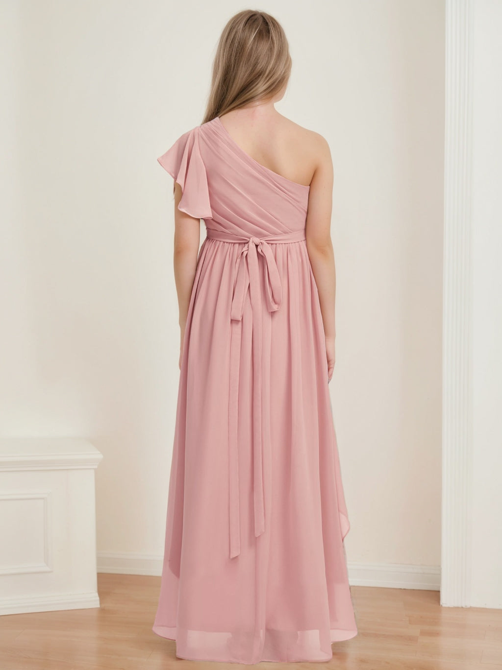 One-Shoulder Sleeveless High Low Junior Bridesmaid Dresses with Sash