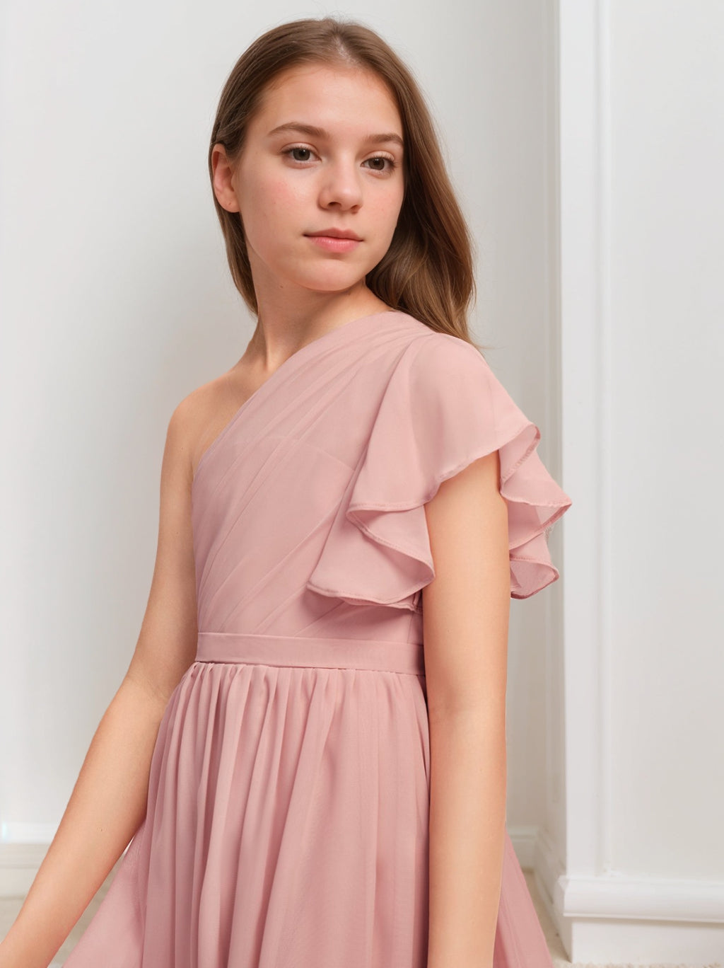 One-Shoulder Sleeveless High Low Junior Bridesmaid Dresses with Sash