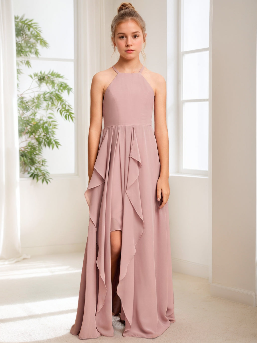 A-Line/Princess Halter Sleeveless Junior Bridesmaid Dresses with Ruffles, Dusty Rose