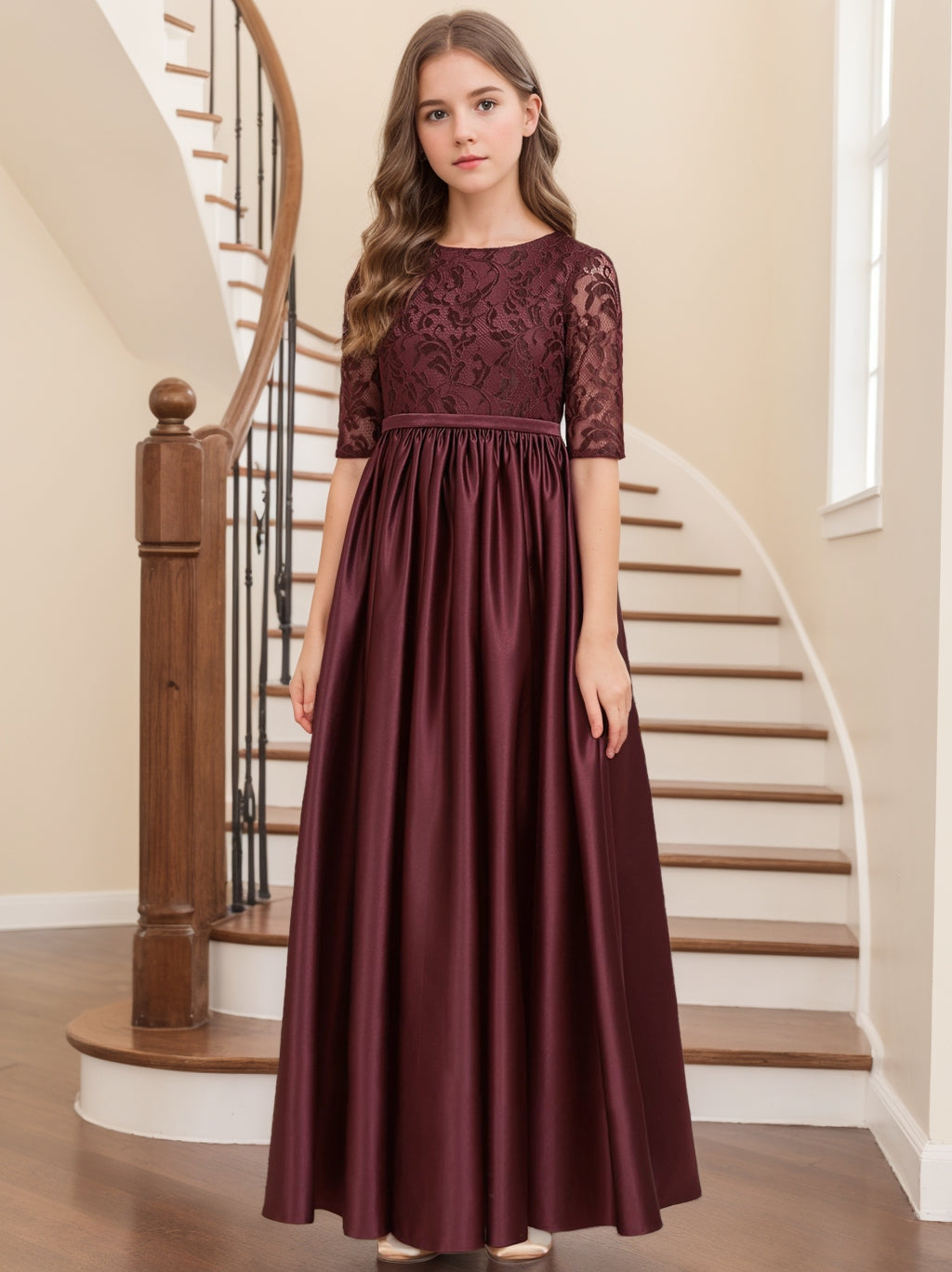 A-Line/Princess Half Sleeves Ankle-Length Lace Junior Girl Bridesmaid Dresses, Cabernet
