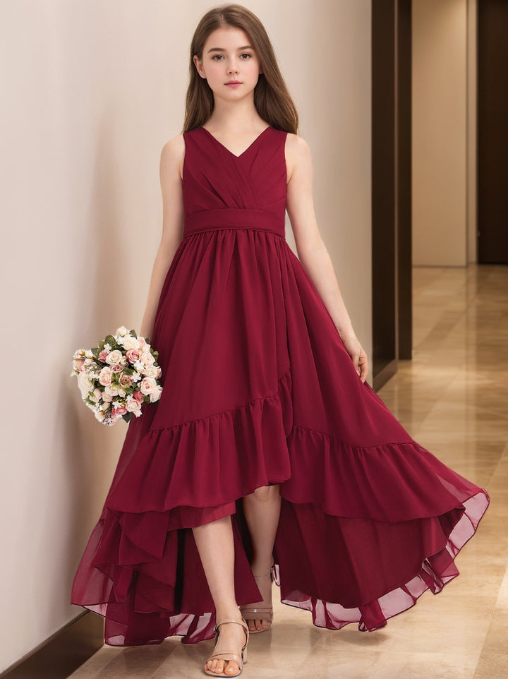 V-Neck Sleeveless High Low Pleats Junior Girl Bridesmaid Dresses with Ruffles