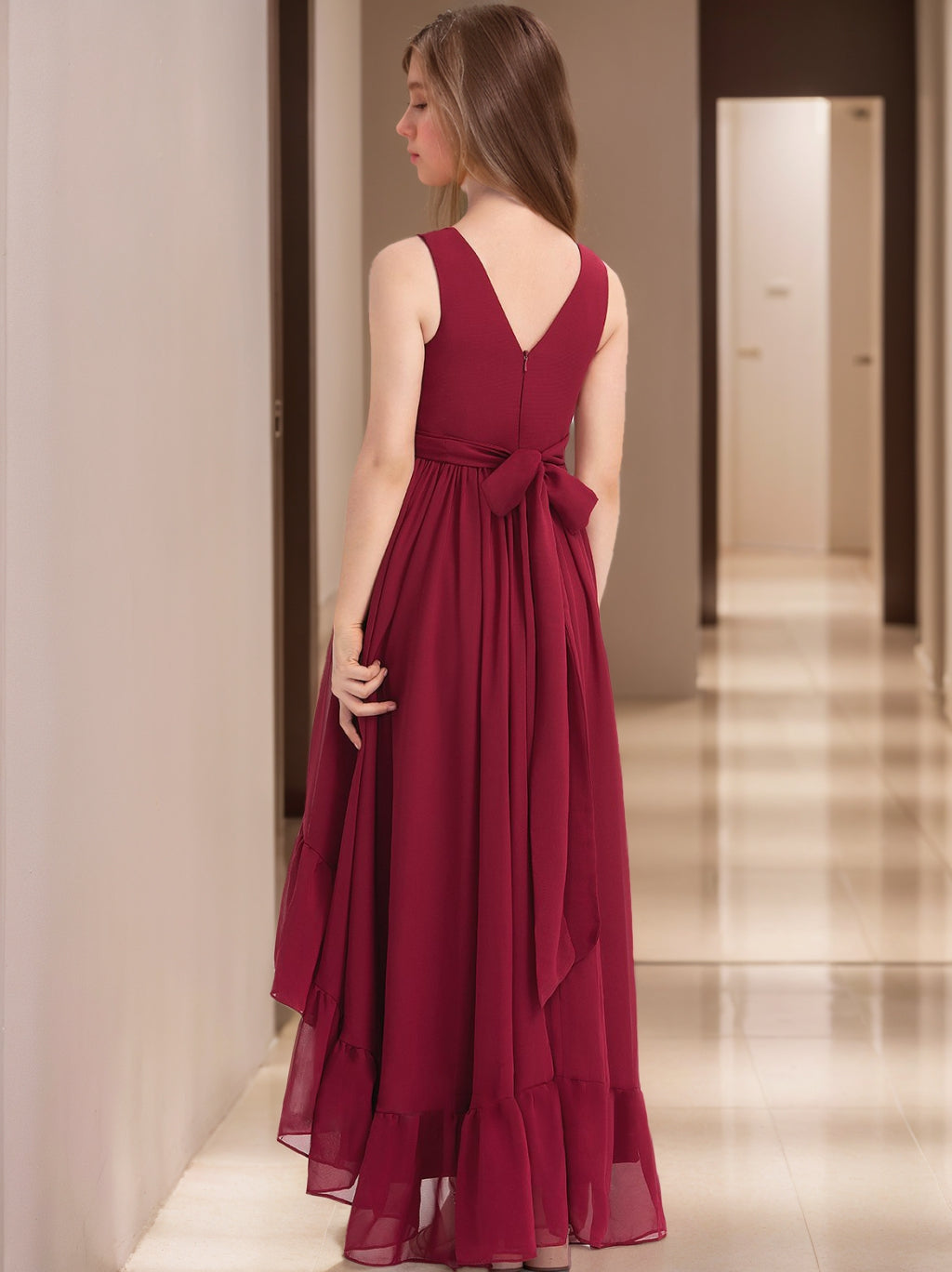 V-Neck Sleeveless High Low Pleats Junior Girl Bridesmaid Dresses with Ruffles, Burgundy V-Neck Sleeveless High Low Pleats Junior Girl Bridesmaid Dresses with Ruffles, Burgundy