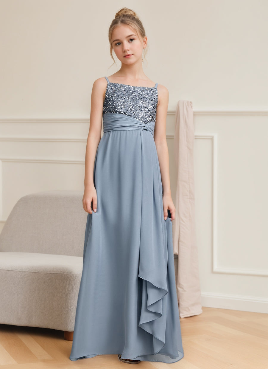 A-Line/Princess Spaghetti Straps Junior Girl Bridesmaid Dresses with Sequins, Dusty Blue A-Line/Princess Spaghetti Straps Junior Girl Bridesmaid Dresses with Sequins, Dusty Blue