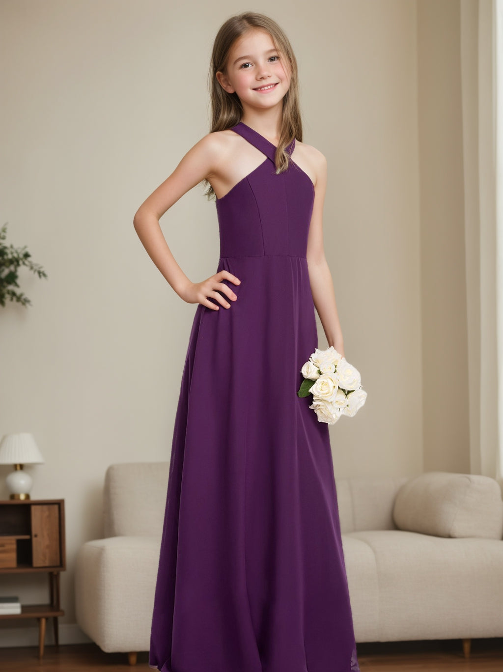 A-line/Princess Halter Sleeveless Floor-Length Junior Bridesmaid Dress