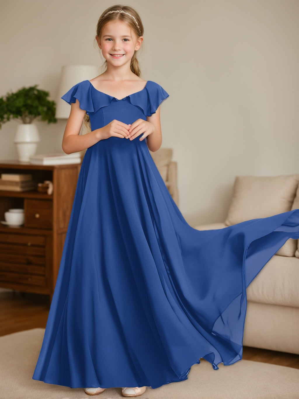 A-line/Princess V-Neck Floor-Length Junior Bridesmaid Dresses