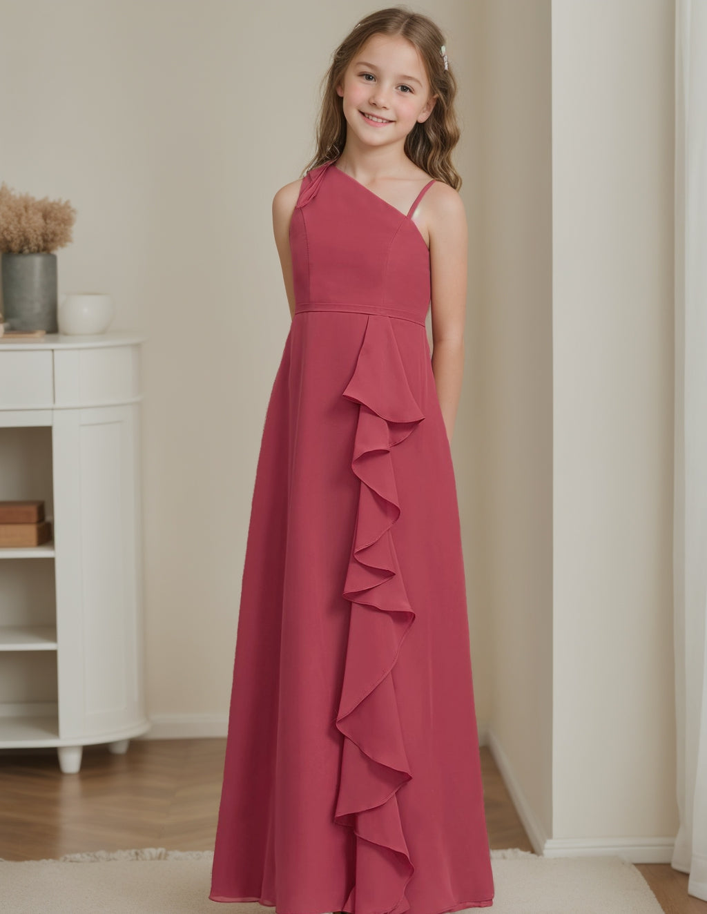 A-line/Princess One Shoulder Floor-Length Junior Bridesmaid Dress with Ruffles