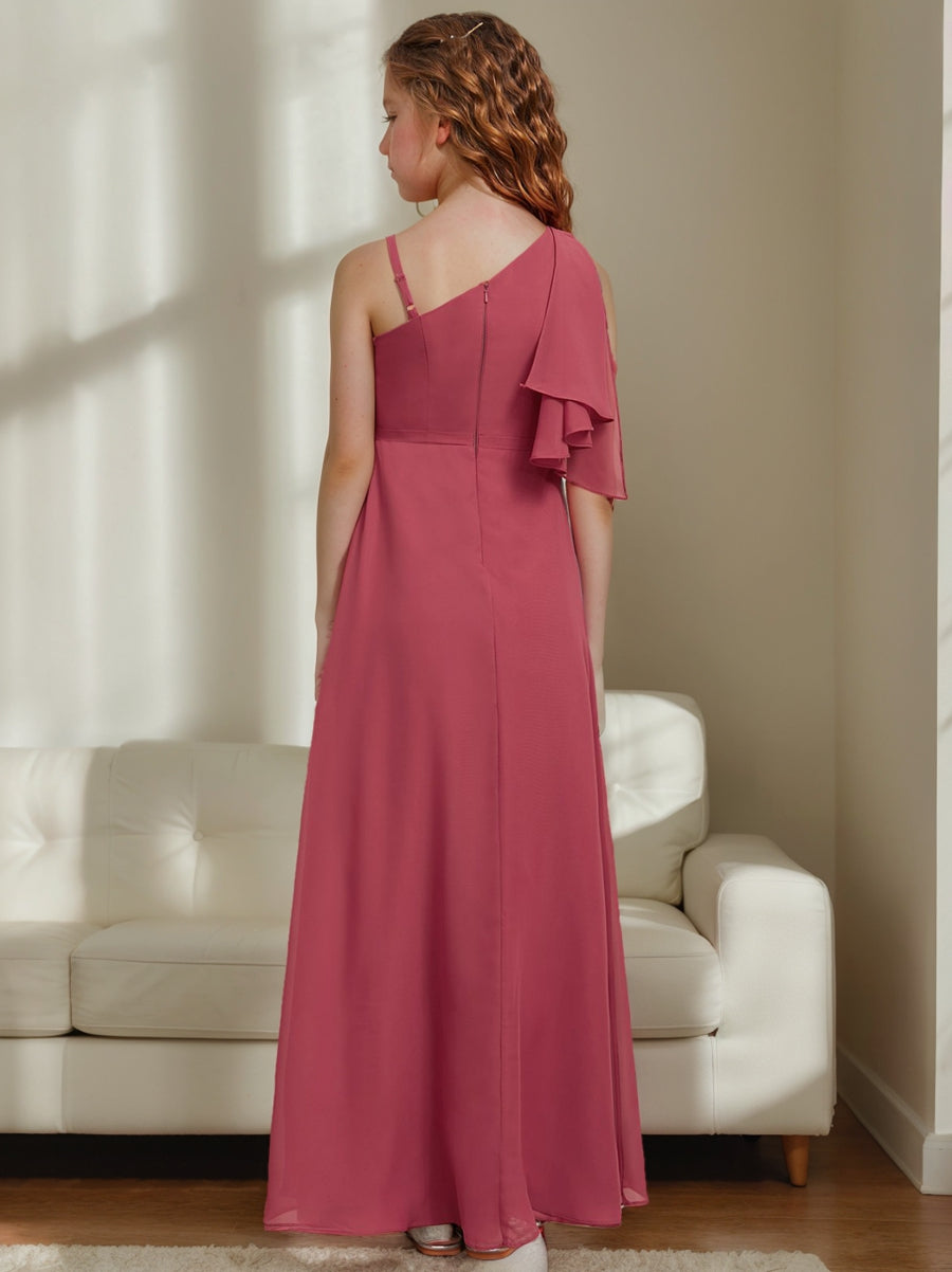 one shoulder junior bridesmaid dresses BABARONI BABARONI Chiffon Dusty Blue Junior Bridesmaid Dresses A-line One Shoulder Sleeveless Ruched Floor-length, Dusty Blue / J4
