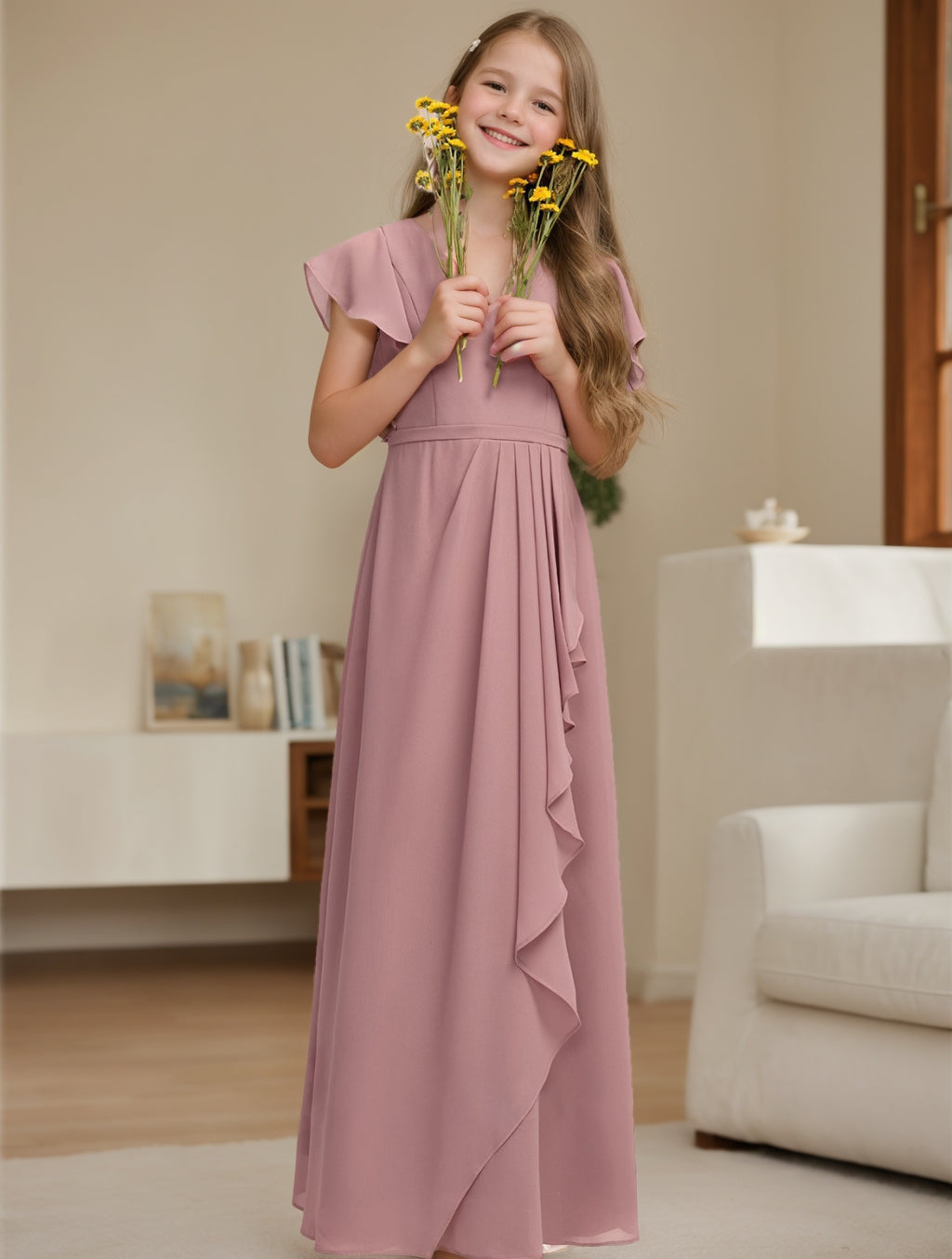 A-line/Princess V-Neck Short Sleeves Junior Bridesmaid Dress with Ruffles