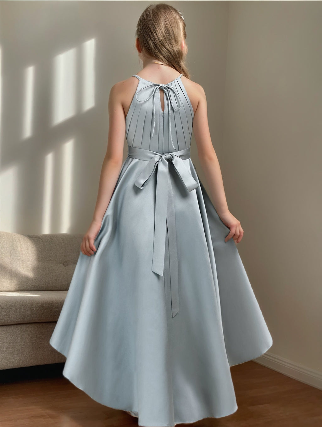 A-Line/Princess Halter Sleeveless High Low Junior Bridesmaid Dress with Pleats, Dusty Blue A-Line/Princess Halter Sleeveless High Low Junior Bridesmaid Dress with Pleats, Dusty Blue
