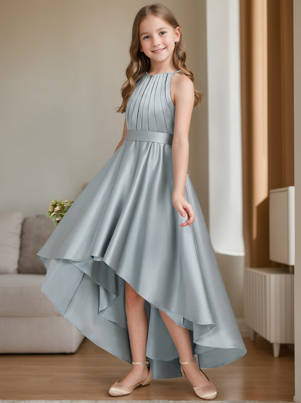 high low junior bridesmaid dresses Jinhomg Girls Spaghetti Strap Junior Bridesmaid Dresses Silk Satin High Low Flower Girl Dress Pleated Fashion Slim Draped Formal Dresses for Teen