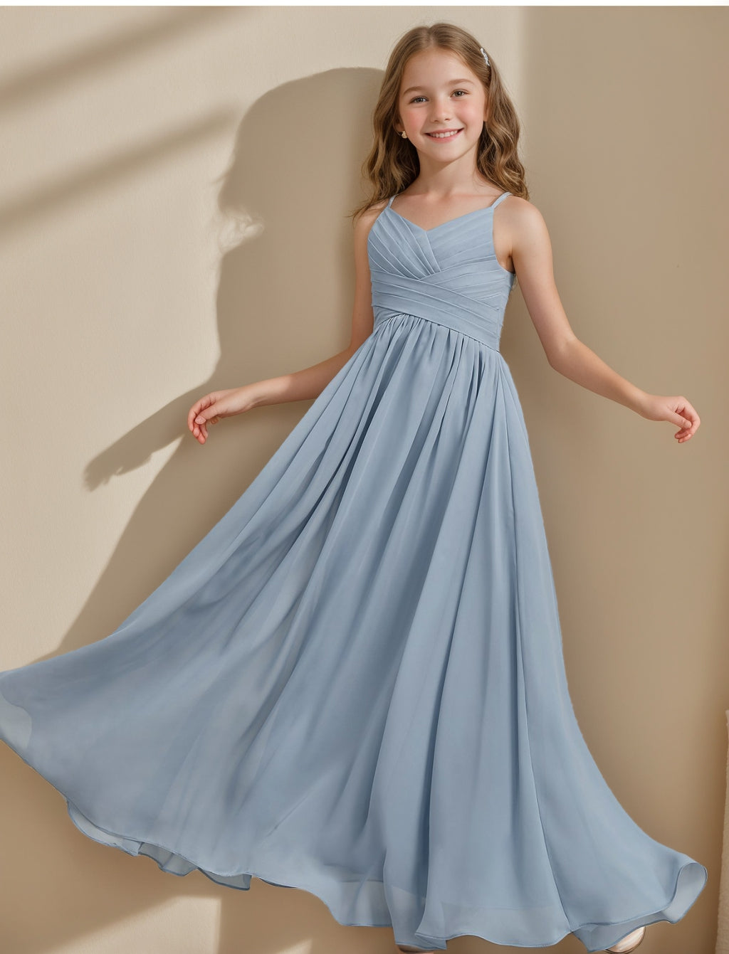 A-line/Princess V-Neck Spaghetti Straps Junior Bridesmaid Dress with Pleats