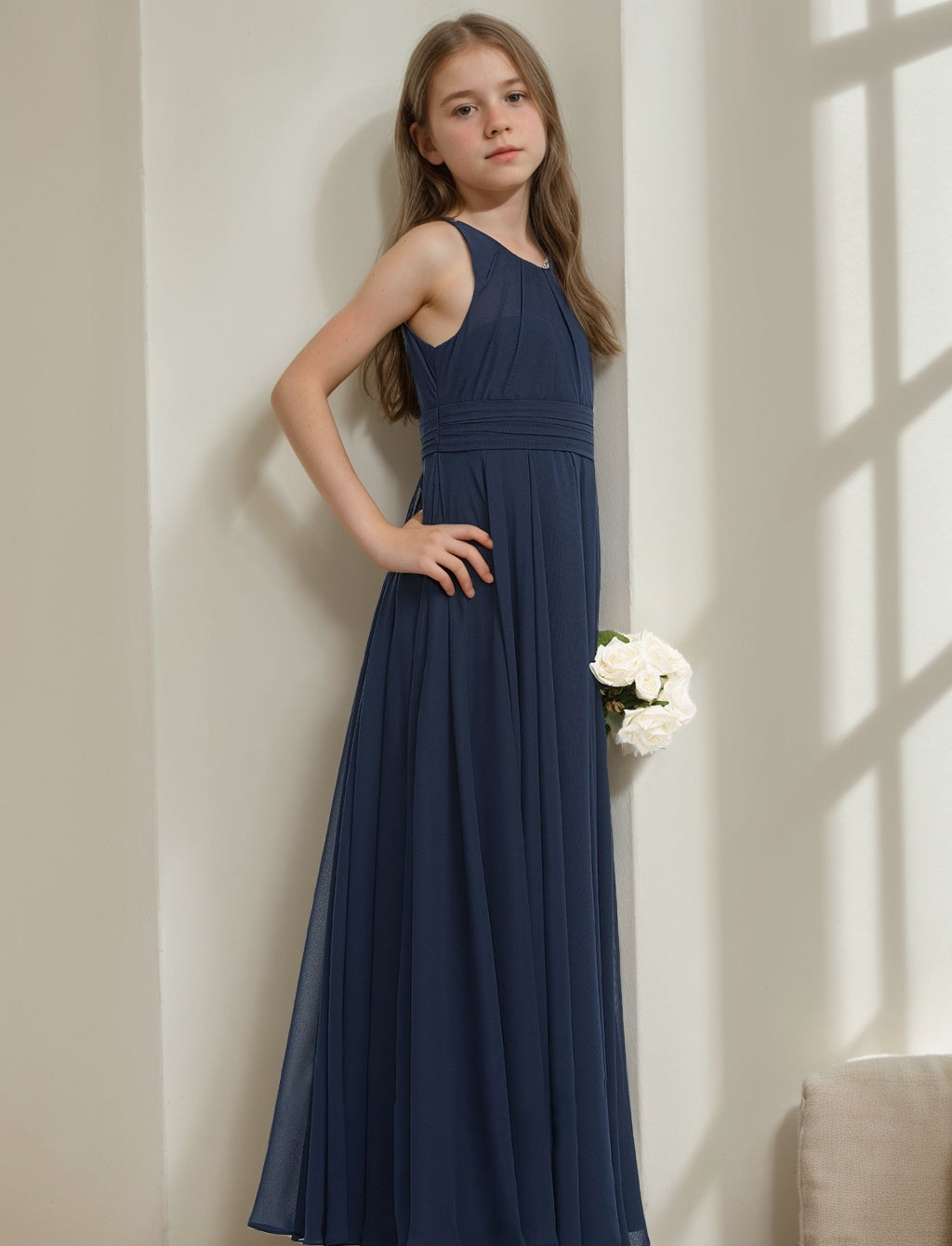A-Line/Princess Round Neck Sleeveless Junior Bridesmaid Dresses with Pleats, Dark Navy A-Line/Princess Round Neck Sleeveless Junior Bridesmaid Dresses with Pleats, Dark Navy