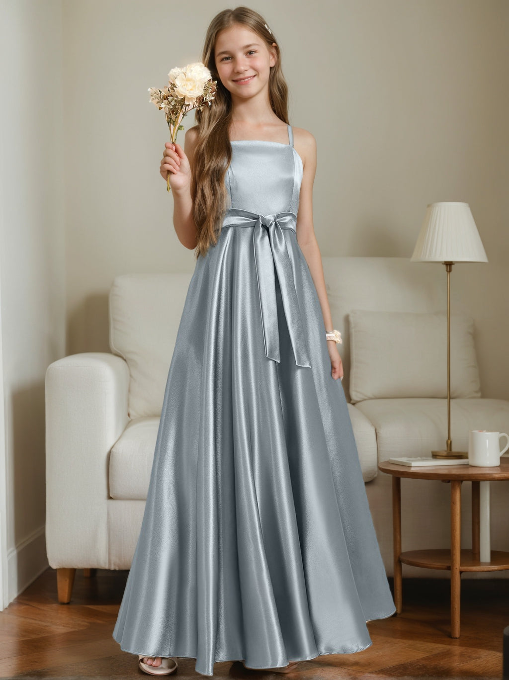 A-Line/Princess Spaghetti Straps Sleeveless Junior Bridesmaid Dresses with Sash, Dusty Blue