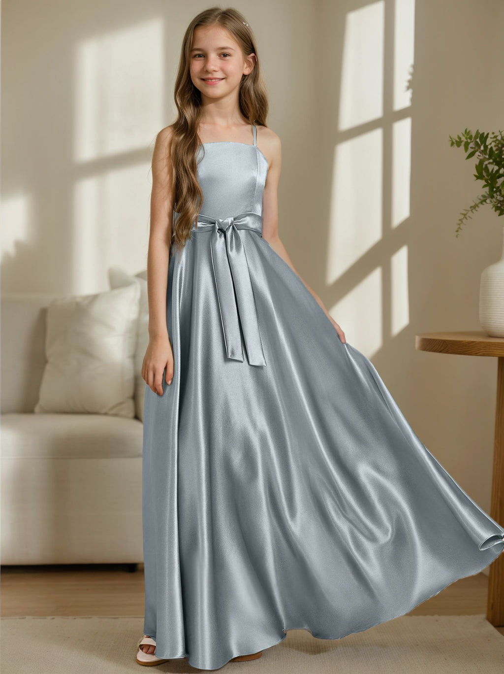 A-Line/Princess Spaghetti Straps Sleeveless Junior Bridesmaid Dresses with Sash, Dusty Blue