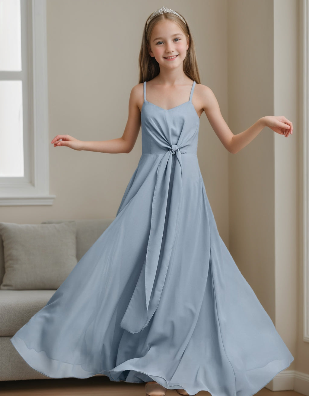 A-Line/Princess V-Neck Sleeveless Junior Bridesmaid Dresses, Dusty Blue