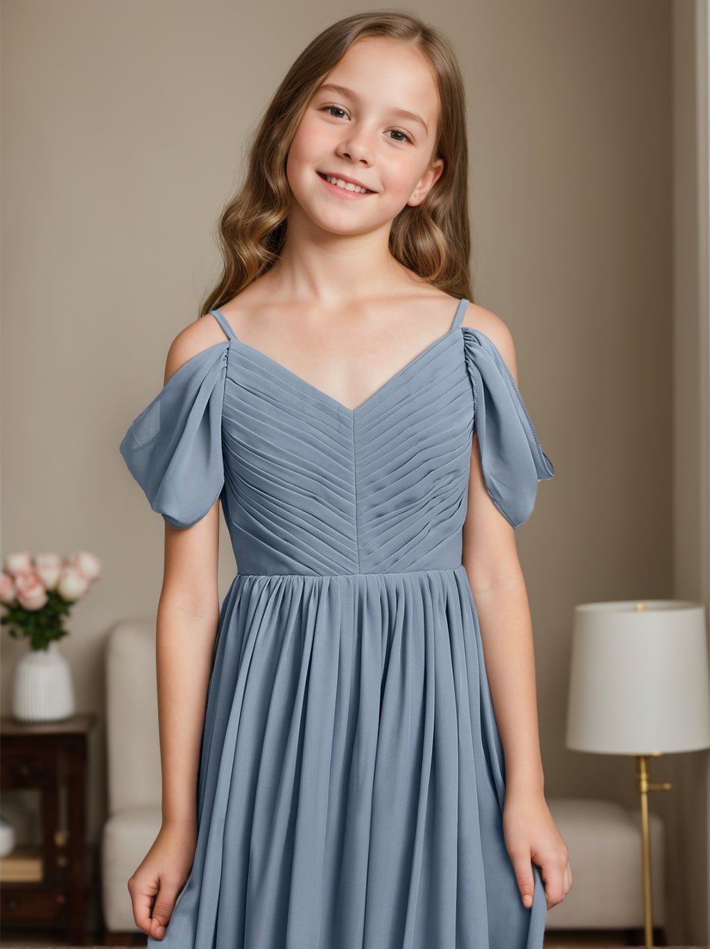 A-line/Princess Off-the-Shoulder V-Neck Junior Bridesmaid Dress with Pleats