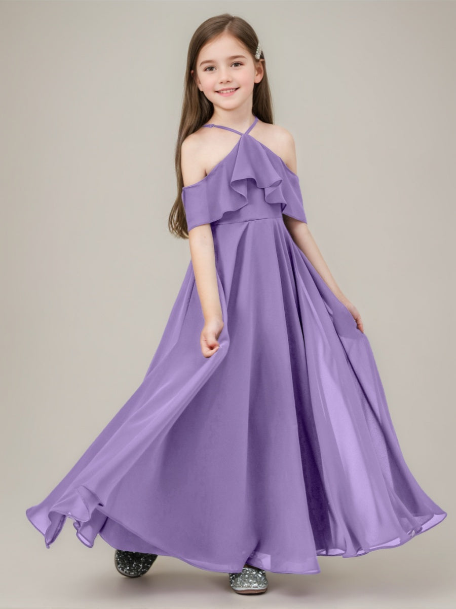 A-Line/Princess Halter Floor-Length Junior Bridesmaid Dresses with Ruffles, Tahiti