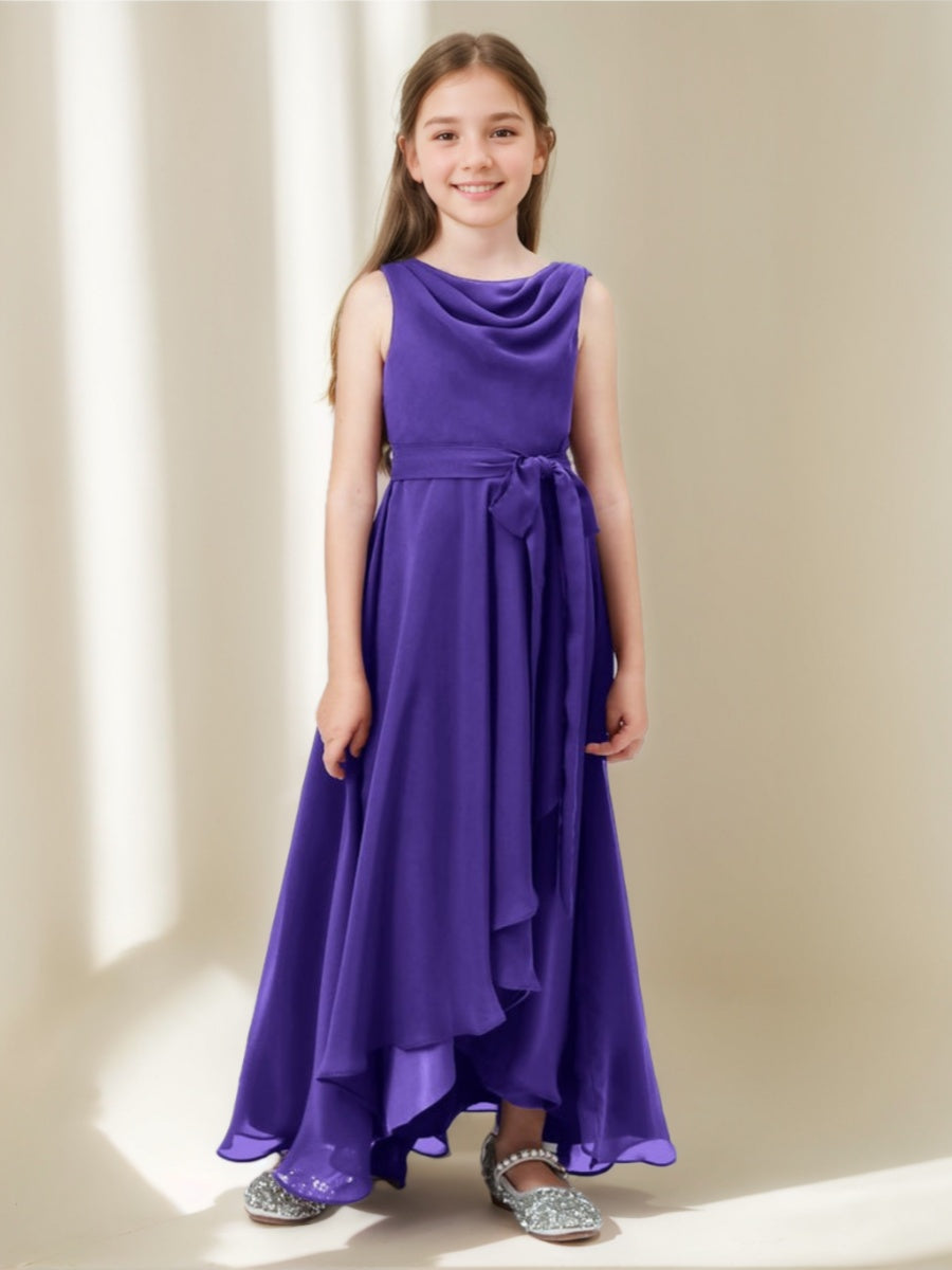 A-Line/Princess Cowl Neck Sleeveless Asymmetrical Junior Bridesmaid Dresses with Bowknot & Ruffles, Regency
