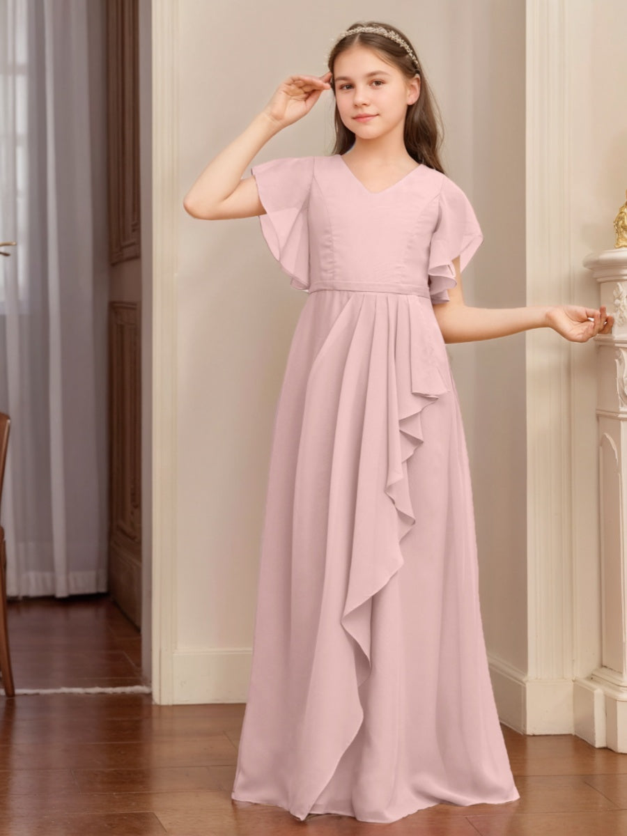 A-Line/Princess V-neck Short Sleeves Ruched Floor-Length Junior Bridesmaid Dresses with Ruffles, Dusty Rose A-Line/Princess V-neck Short Sleeves Ruched Floor-Length Junior Bridesmaid Dresses with Ruffles, Dusty Rose