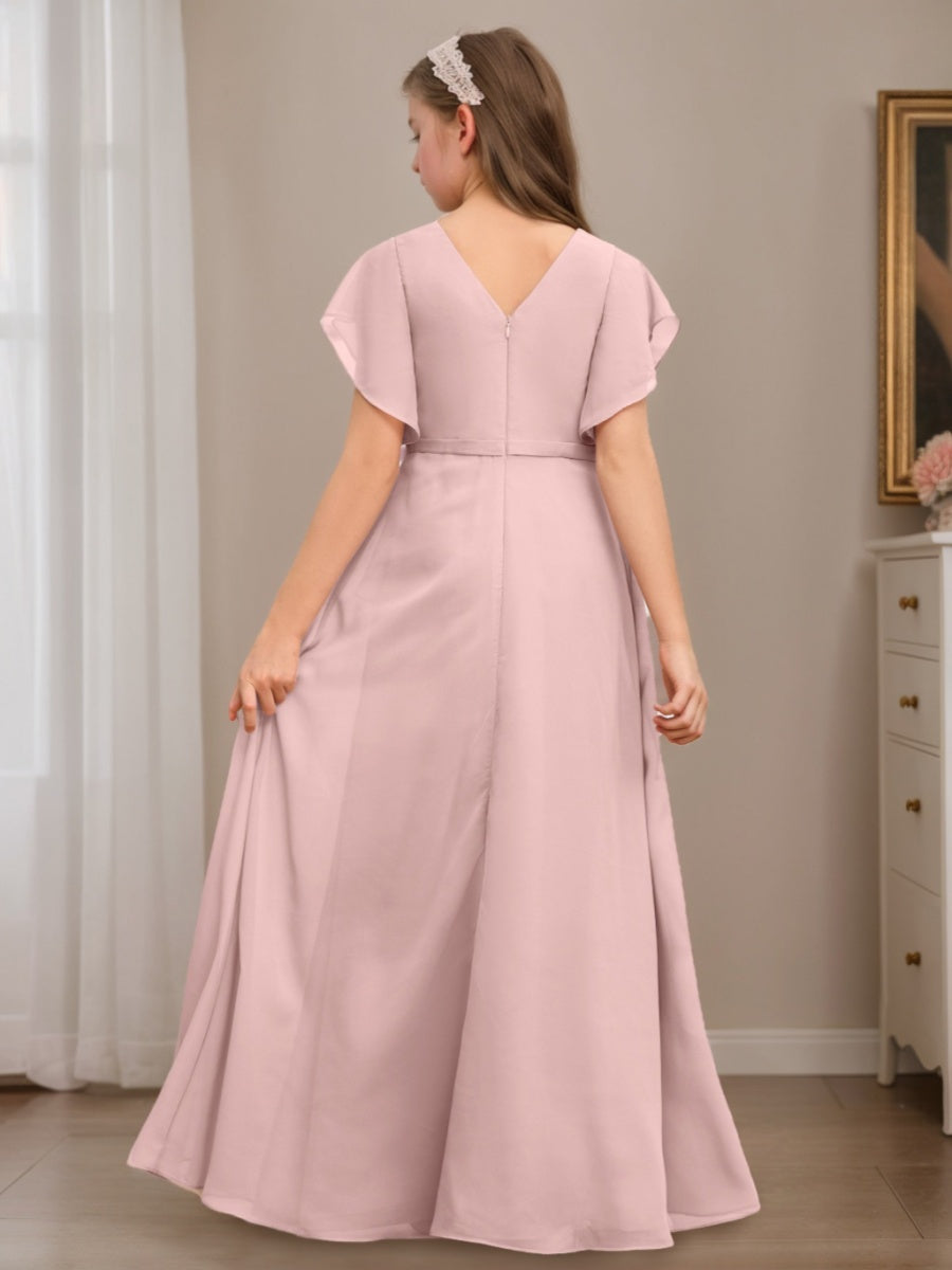 A-Line/Princess V-neck Short Sleeves Ruched Floor-Length Junior Bridesmaid Dresses with Ruffles, Dusty Rose A-Line/Princess V-neck Short Sleeves Ruched Floor-Length Junior Bridesmaid Dresses with Ruffles, Dusty Rose