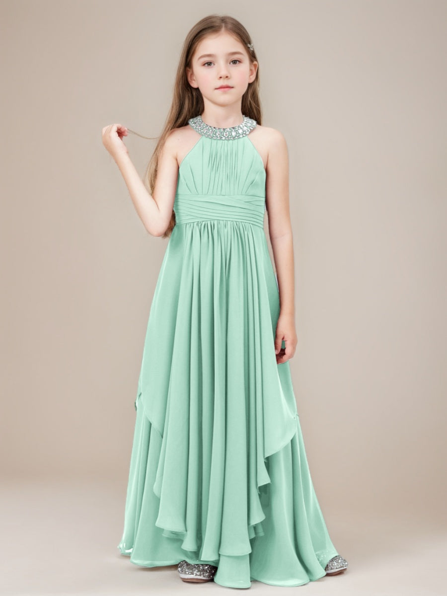A-Line/Princess Beaded Halter Ruched Floor-Length Junior Bridesmaid Dresses with Ruffles, Mint Green