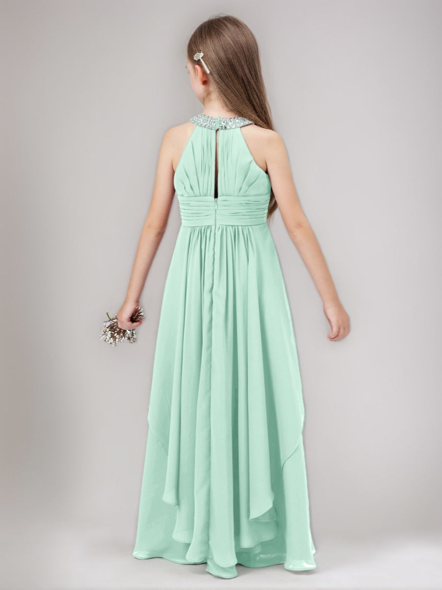 A-Line/Princess Beaded Halter Ruched Floor-Length Junior Bridesmaid Dresses with Ruffles, Mint Green A-Line/Princess Beaded Halter Ruched Floor-Length Junior Bridesmaid Dresses with Ruffles, Mint Green