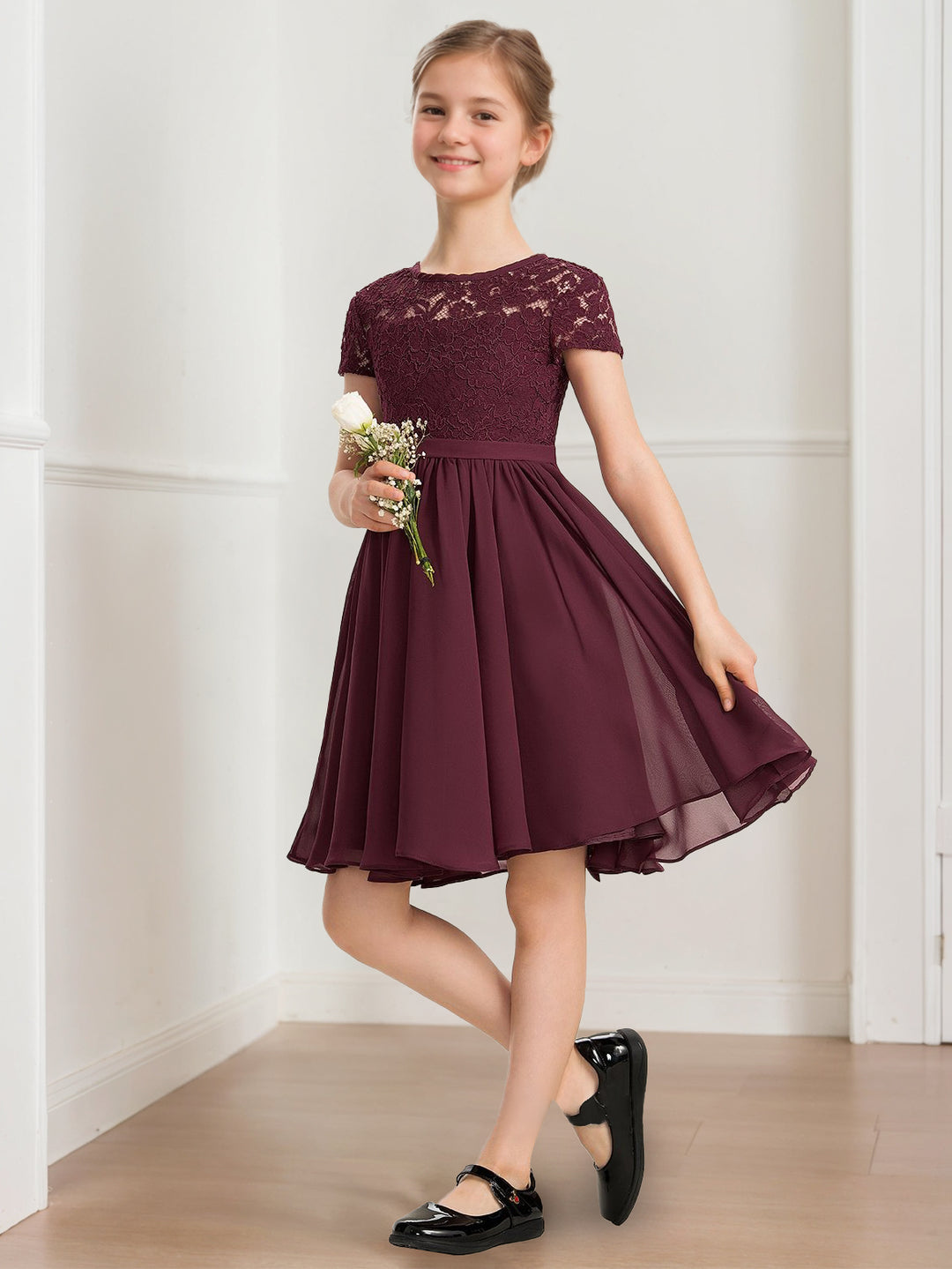 A-Line/Princess Scoop Short Sleeves Knee-Length Pleated Junior Bridesmaid Dresses with Bow Sash A-Line/Princess Scoop Short Sleeves Knee-Length Pleated Junior Bridesmaid Dresses with Bow Sash
