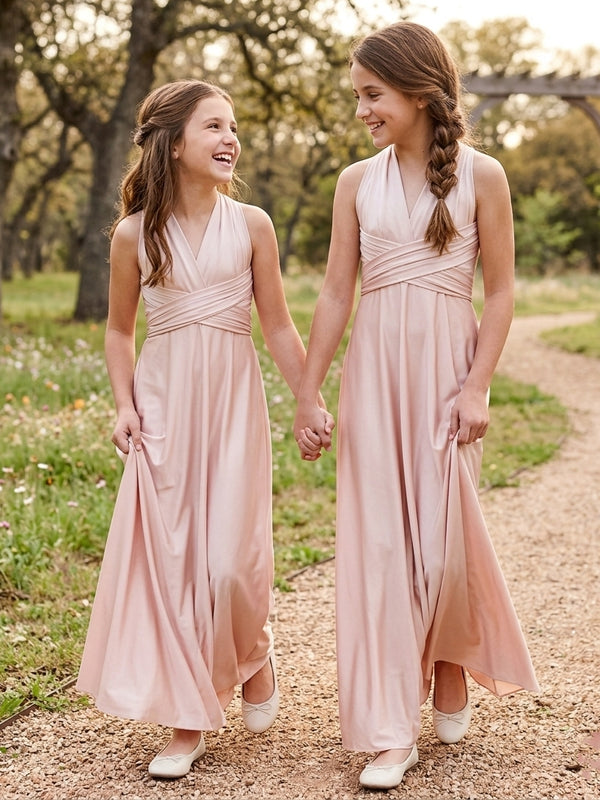 A-Line/Princess V-neck Ruched Floor-Length Sleeveless Junior Bridesmaid Dresses