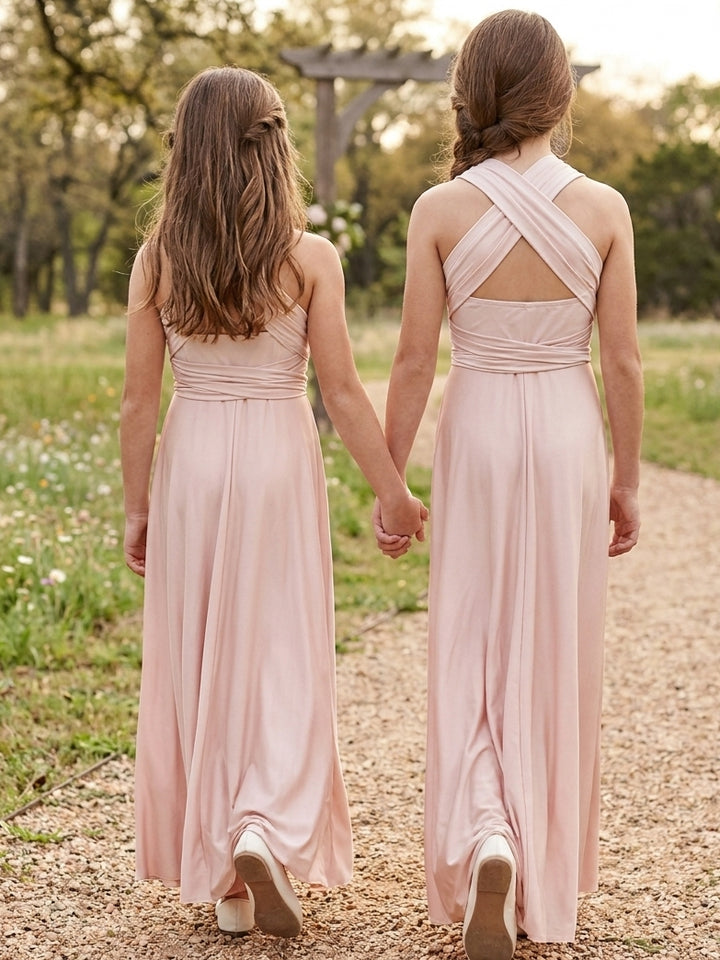 A-Line/Princess V-neck Ruched Floor-Length Sleeveless Junior Bridesmaid Dresses