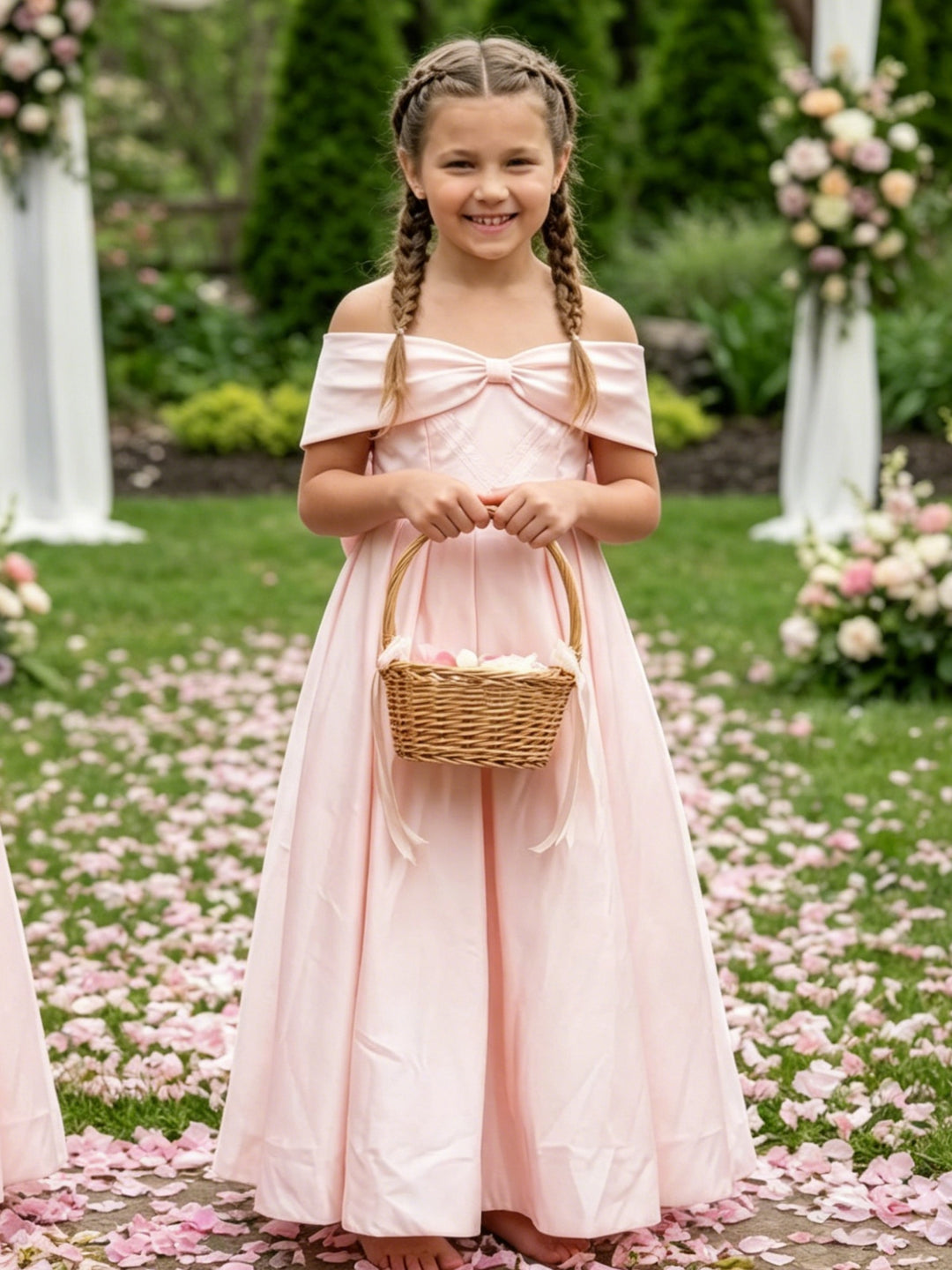 A-Line/Princess Off-the-Shoulder Floor-Length Sleeveless Satin Junior Bridesmaid Dresses With Bowknot