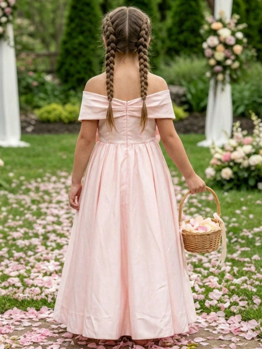 A-Line/Princess Off-the-Shoulder Floor-Length Sleeveless Satin Junior Bridesmaid Dresses With Bowknot