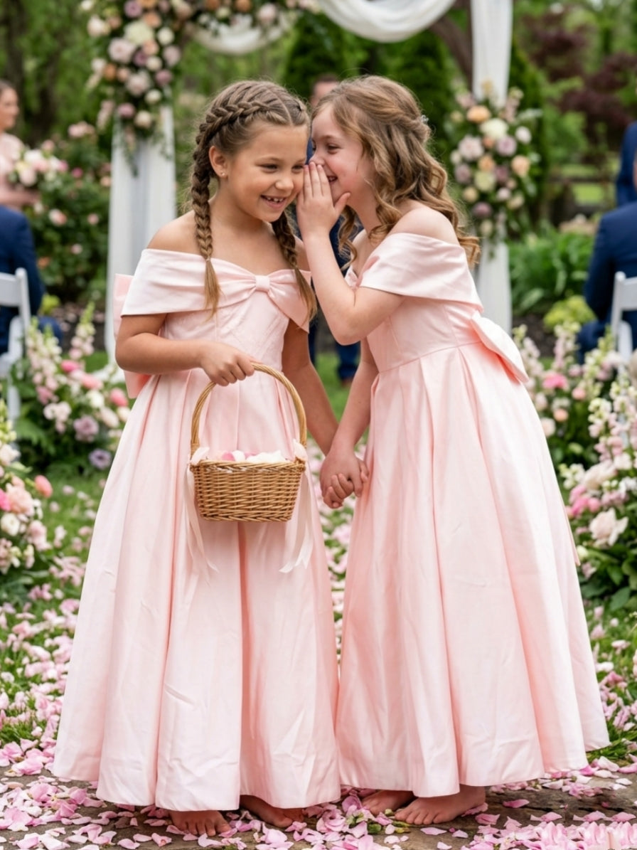 A-Line/Princess Off-the-Shoulder Floor-Length Sleeveless Satin Junior Bridesmaid Dresses With Bowknot, As Pic