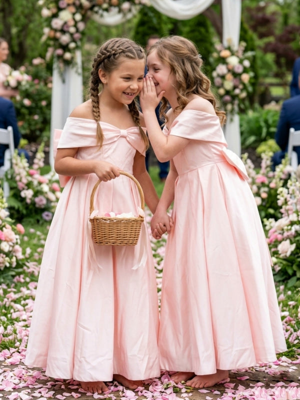 A-Line/Princess Off-the-Shoulder Floor-Length Sleeveless Satin Junior Bridesmaid Dresses With Bowknot
