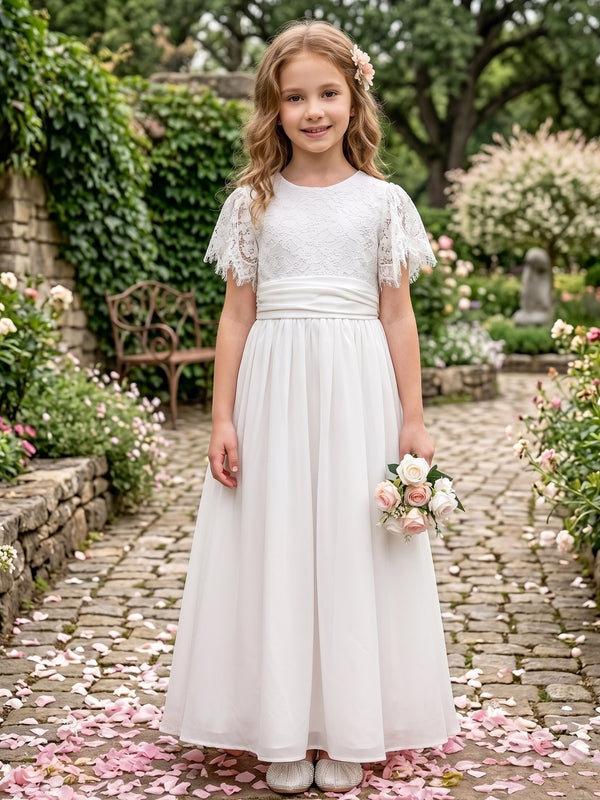 A-Line/Princess Scoop Ankle-Length Short Sleeves Lace Chiffon Ruched Junior Bridesmaid Dresses