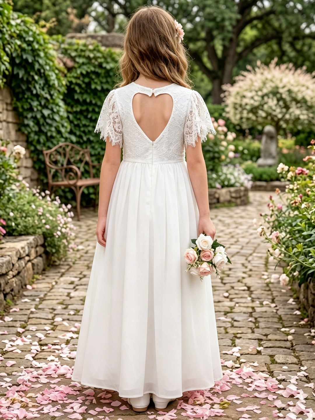 A-Line/Princess Scoop Ankle-Length Short Sleeves Lace Chiffon Ruched Junior Bridesmaid Dresses